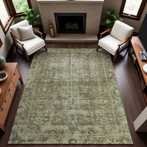 8' Olive Green And Silver Oriental Washable Area Rug With UV Protection