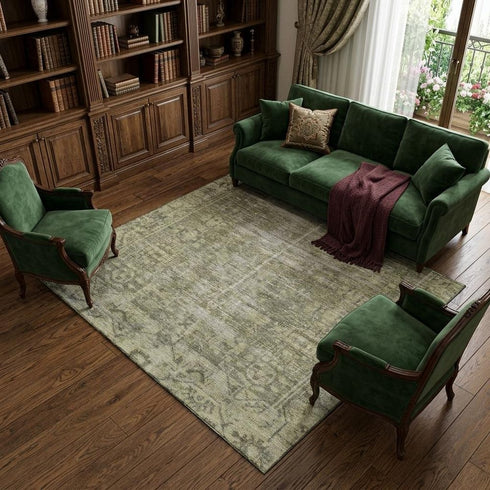 8' Olive Green And Silver Oriental Washable Area Rug With UV Protection