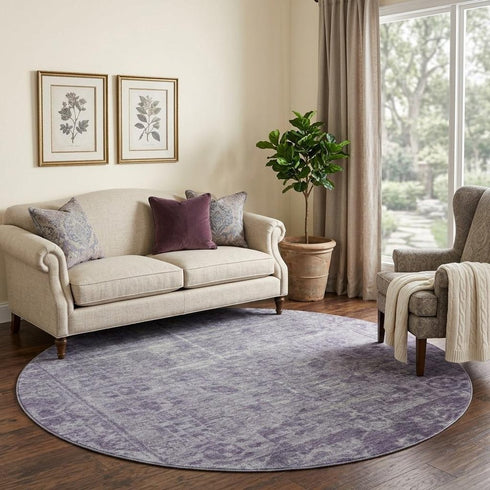 8' X 8' Purple And Silver Oriental Washable Round Rug With UV Protection