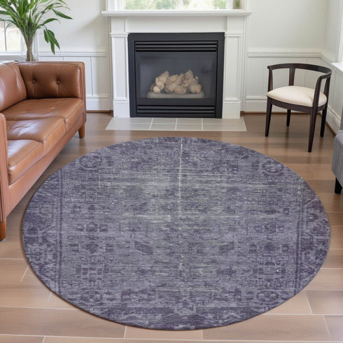 8' X 8' Purple And Silver Oriental Washable Round Rug With UV Protection