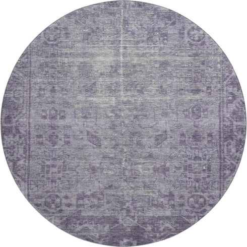 8' X 8' Purple And Silver Oriental Washable Round Rug With UV Protection