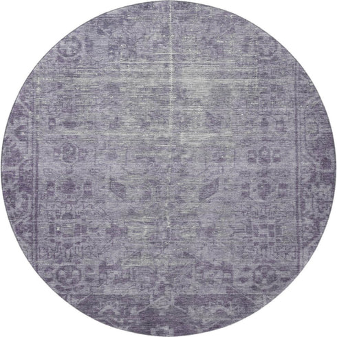8' X 8' Purple And Silver Oriental Washable Round Rug With UV Protection