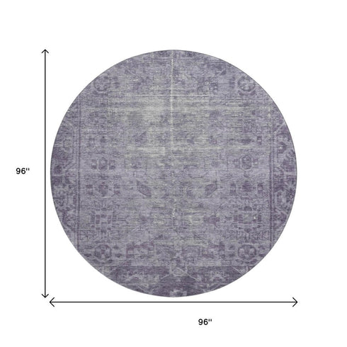 8' X 8' Purple And Silver Oriental Washable Round Rug With UV Protection