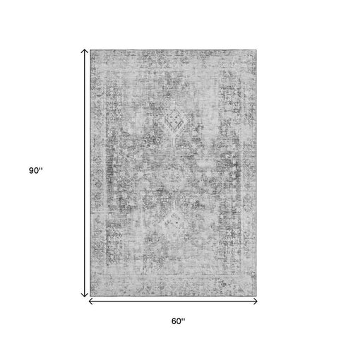 5' X 8' Charcoal And Silver Oriental Washable Area Rug With UV Protection