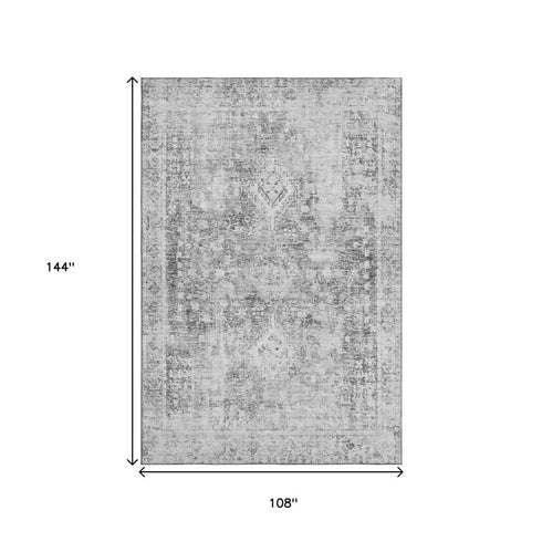 9' X 12' Charcoal And Silver Oriental Washable Area Rug With UV Protection