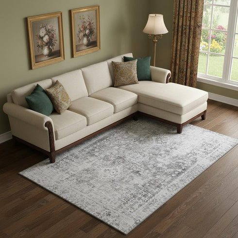 9' X 12' Charcoal And Silver Oriental Washable Area Rug With UV Protection