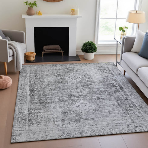 9' X 12' Charcoal And Silver Oriental Washable Area Rug With UV Protection
