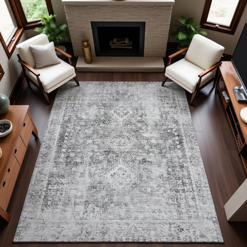 9' X 12' Charcoal And Silver Oriental Washable Area Rug With UV Protection