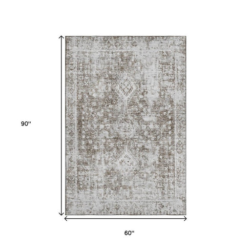 5' X 8' Chocolate And Ivory Oriental Washable Area Rug With UV Protection
