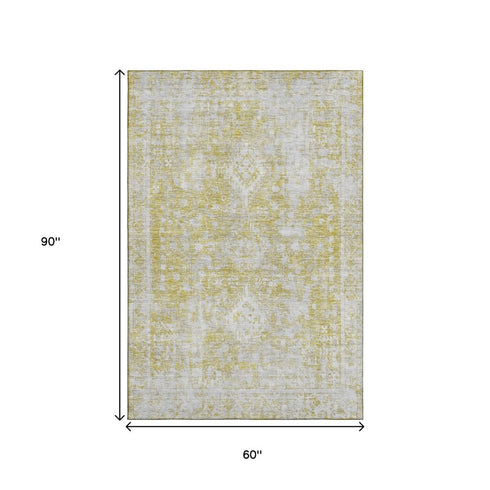5' X 8' Gold And Silver Oriental Washable Area Rug With UV Protection