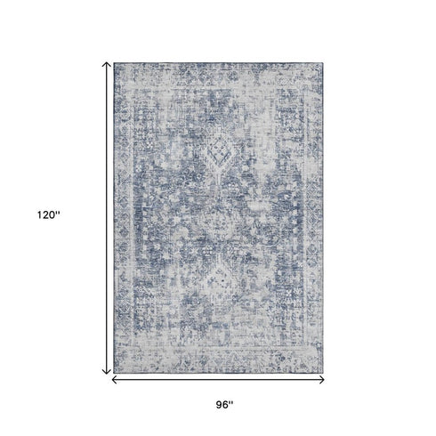 8' Navy Blue And Silver Oriental Washable Area Rug With UV Protection