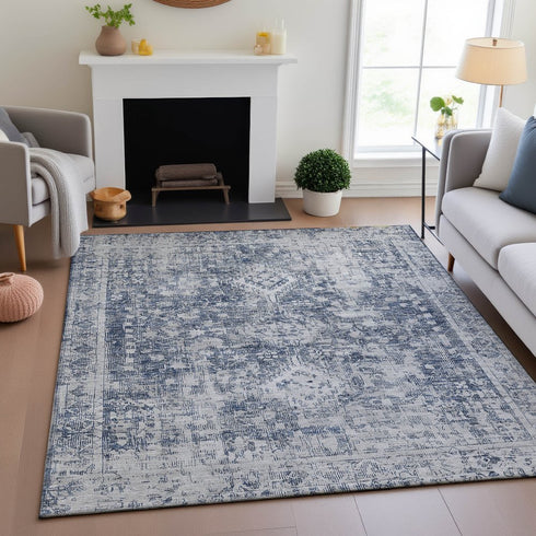 8' Navy Blue And Silver Oriental Washable Area Rug With UV Protection