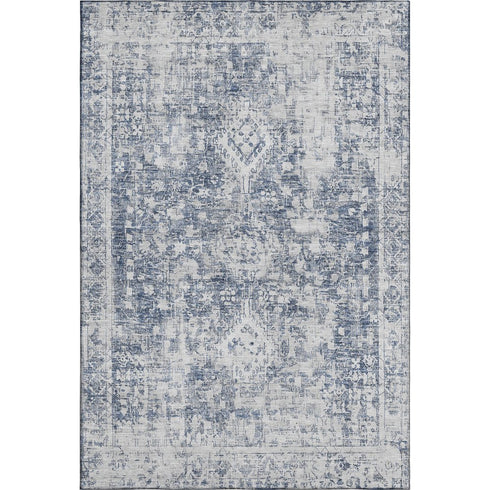 8' Navy Blue And Silver Oriental Washable Area Rug With UV Protection