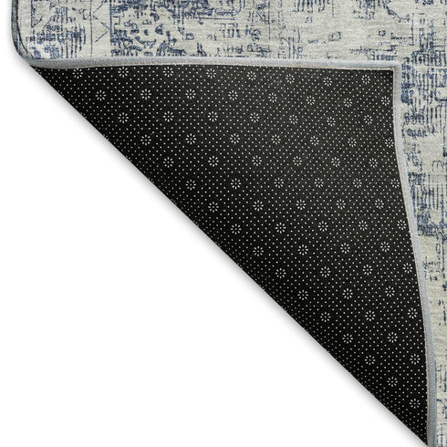 8' Navy Blue And Silver Oriental Washable Area Rug With UV Protection