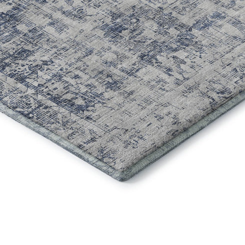 8' Navy Blue And Silver Oriental Washable Area Rug With UV Protection
