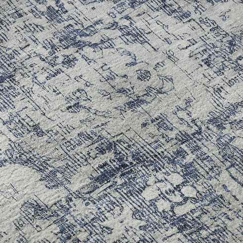 8' Navy Blue And Silver Oriental Washable Area Rug With UV Protection