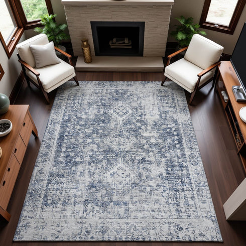 8' Navy Blue And Silver Oriental Washable Area Rug With UV Protection