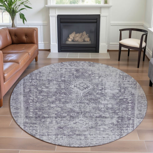 8' X 8' Plum And Silver Oriental Washable Round Rug With UV Protection