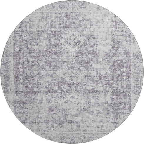 8' X 8' Plum And Silver Oriental Washable Round Rug With UV Protection