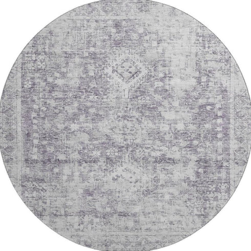 8' X 8' Plum And Silver Oriental Washable Round Rug With UV Protection