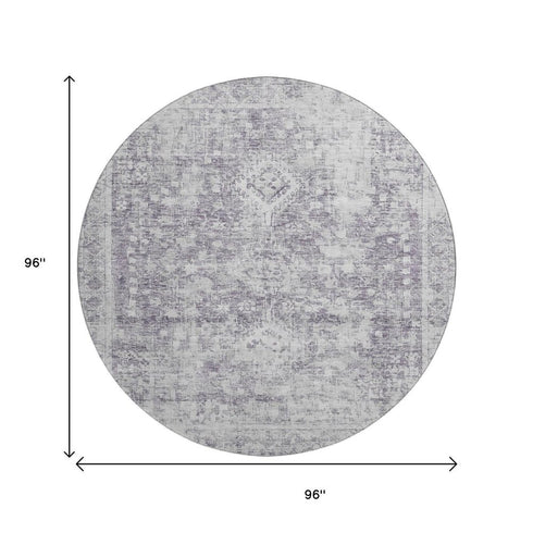 8' X 8' Plum And Silver Oriental Washable Round Rug With UV Protection