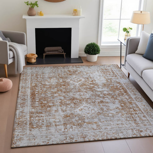 5' X 8' Terra Cotta And Silver Oriental Washable Area Rug With UV Protection