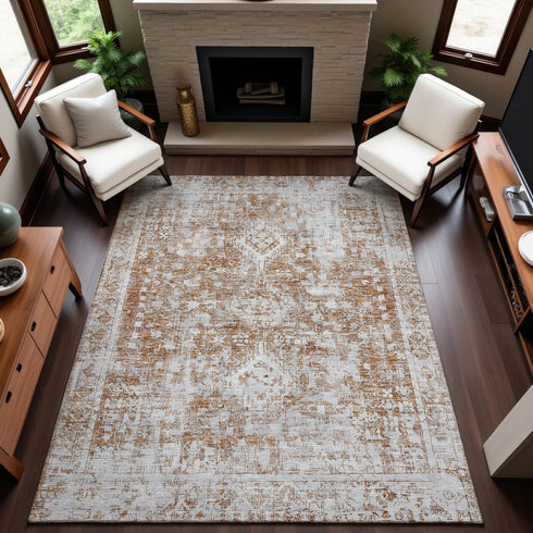 5' X 8' Terra Cotta And Silver Oriental Washable Area Rug With UV Protection