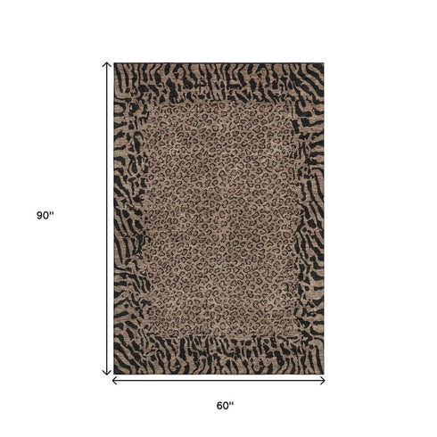 5' X 8' Brown And Black Animal Print Washable Area Rug With UV Protection