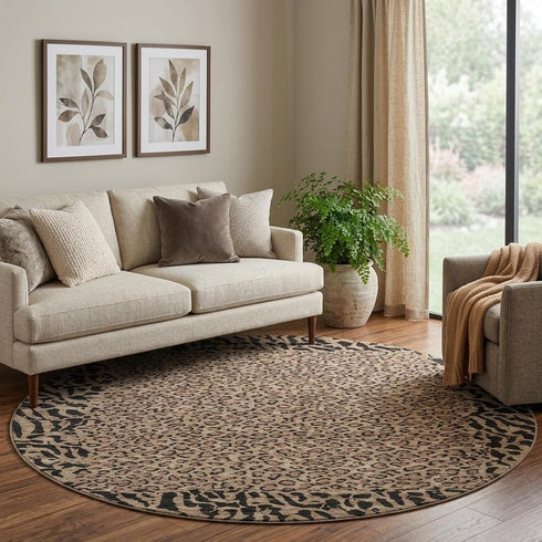 8' X 8' Brown And Black Animal Print Washable Round Rug With UV Protection