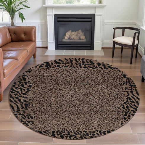 8' X 8' Brown And Black Animal Print Washable Round Rug With UV Protection