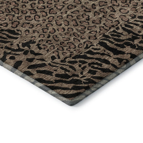 8' X 8' Brown And Black Animal Print Washable Round Rug With UV Protection