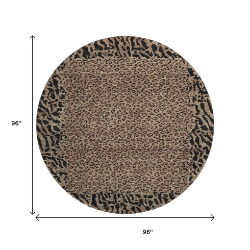 8' X 8' Brown And Black Animal Print Washable Round Rug With UV Protection