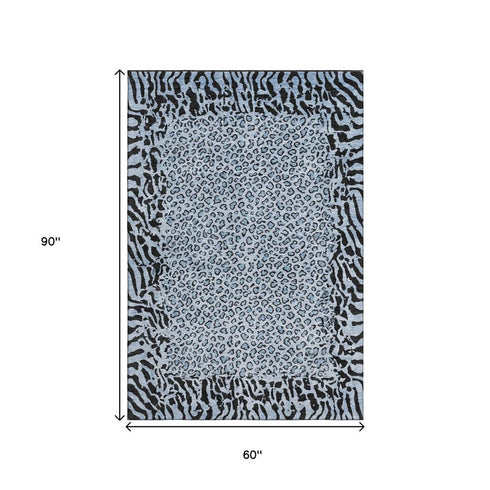 5' X 8' Blue And Black Animal Print Washable Area Rug With UV Protection