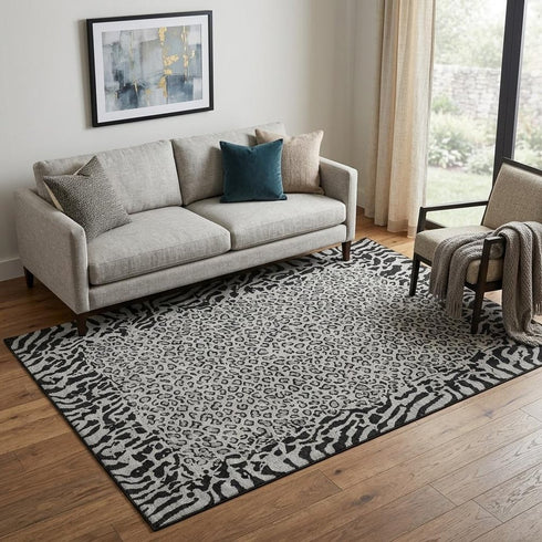 5' X 8' Gray And Black Animal Print Washable Area Rug With UV Protection