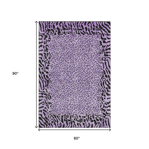 5' X 8' Purple And Black Animal Print Washable Area Rug With UV Protection