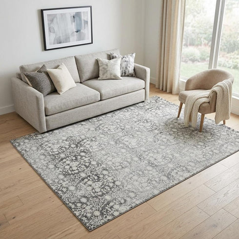 5' X 8' Charcoal And Ivory Damask Washable Area Rug With UV Protection