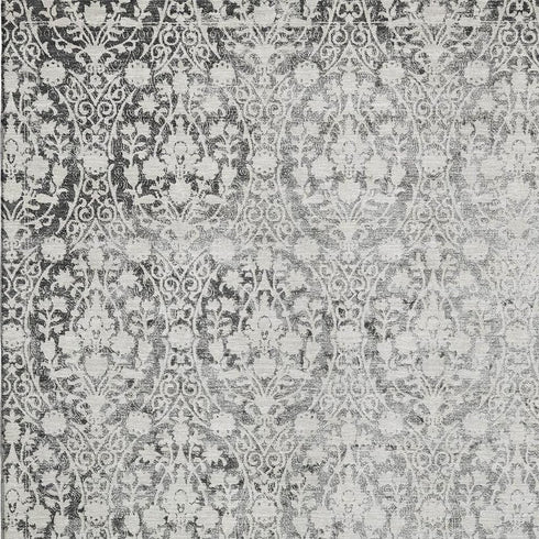 5' X 8' Charcoal And Ivory Damask Washable Area Rug With UV Protection