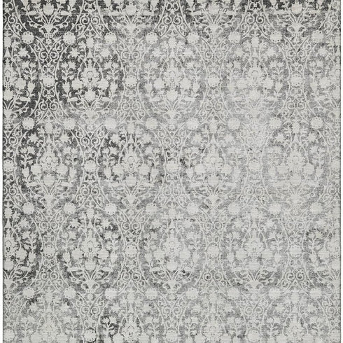 5' X 8' Charcoal And Ivory Damask Washable Area Rug With UV Protection