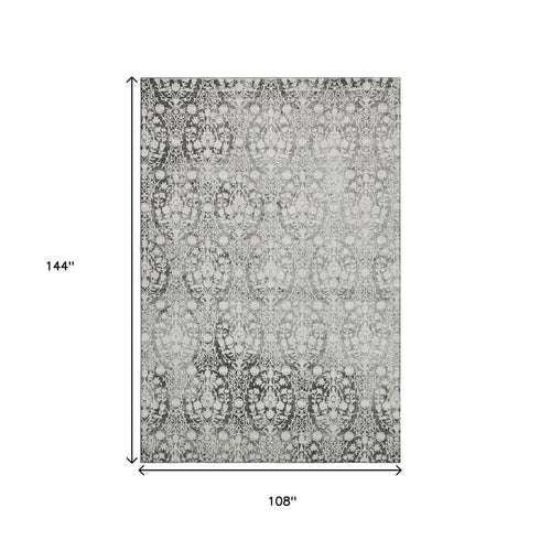 9' X 12' Charcoal And Ivory Damask Washable Area Rug With UV Protection