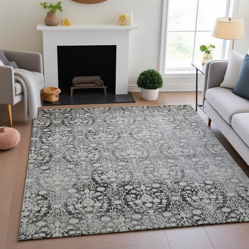9' X 12' Charcoal And Ivory Damask Washable Area Rug With UV Protection