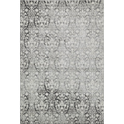 9' X 12' Charcoal And Ivory Damask Washable Area Rug With UV Protection