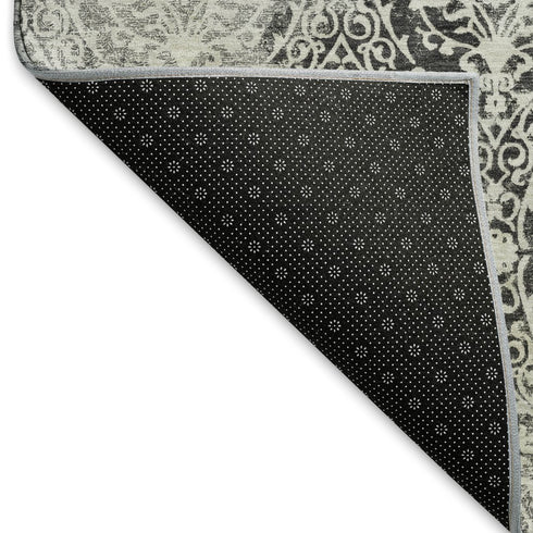 9' X 12' Charcoal And Ivory Damask Washable Area Rug With UV Protection