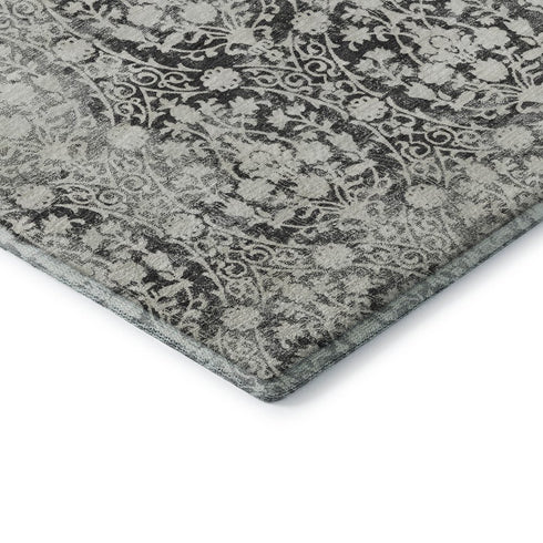 9' X 12' Charcoal And Ivory Damask Washable Area Rug With UV Protection