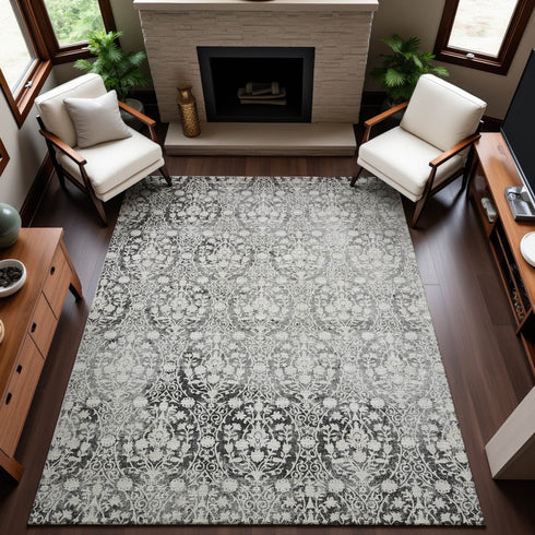 9' X 12' Charcoal And Ivory Damask Washable Area Rug With UV Protection