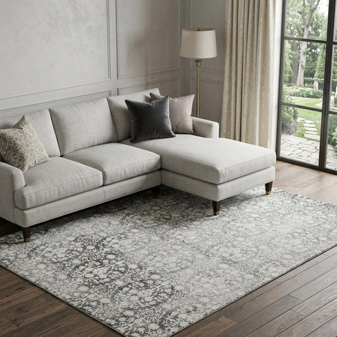 9' X 12' Charcoal And Ivory Damask Washable Area Rug With UV Protection