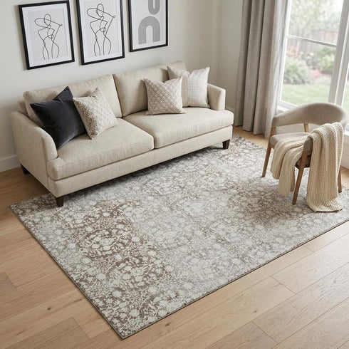 5' X 8' Chocolate And Ivory Damask Washable Area Rug With UV Protection