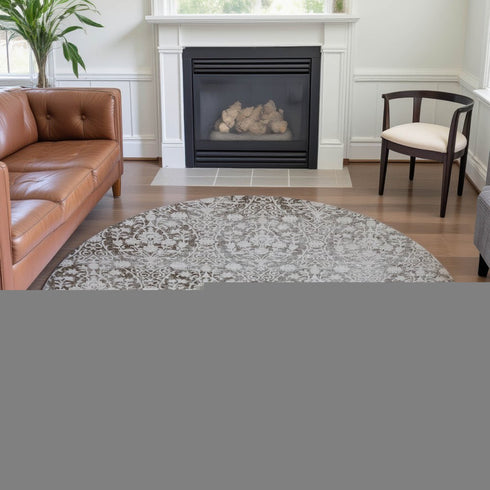 8' X 8' Chocolate And Ivory Damask Washable Round Rug With UV Protection