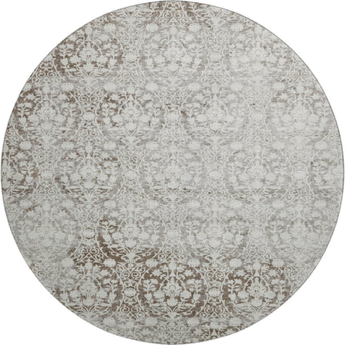 8' X 8' Chocolate And Ivory Damask Washable Round Rug With UV Protection