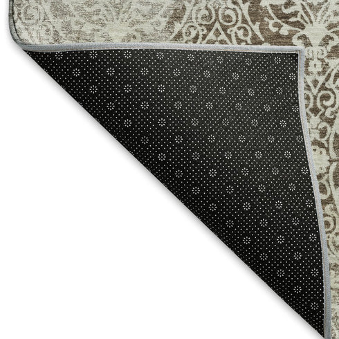 8' X 8' Chocolate And Ivory Damask Washable Round Rug With UV Protection