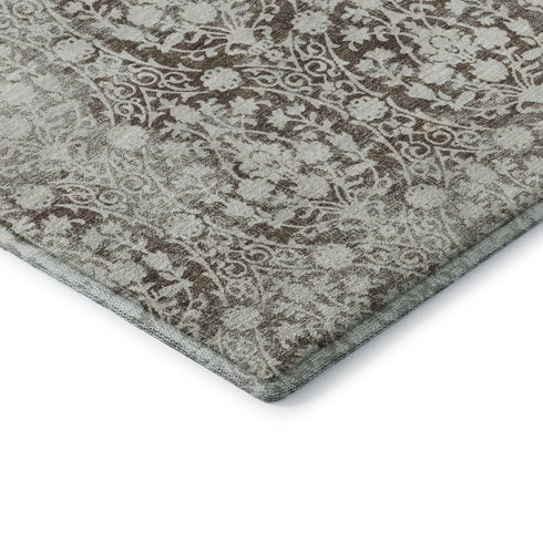 8' X 8' Chocolate And Ivory Damask Washable Round Rug With UV Protection